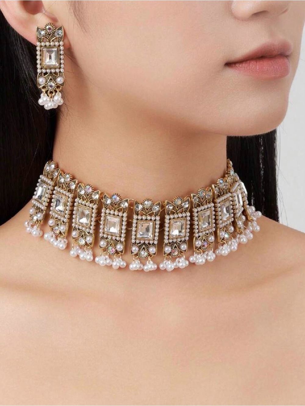 Vintage Pearl & Crystal Statement Choker Necklace with Earrings